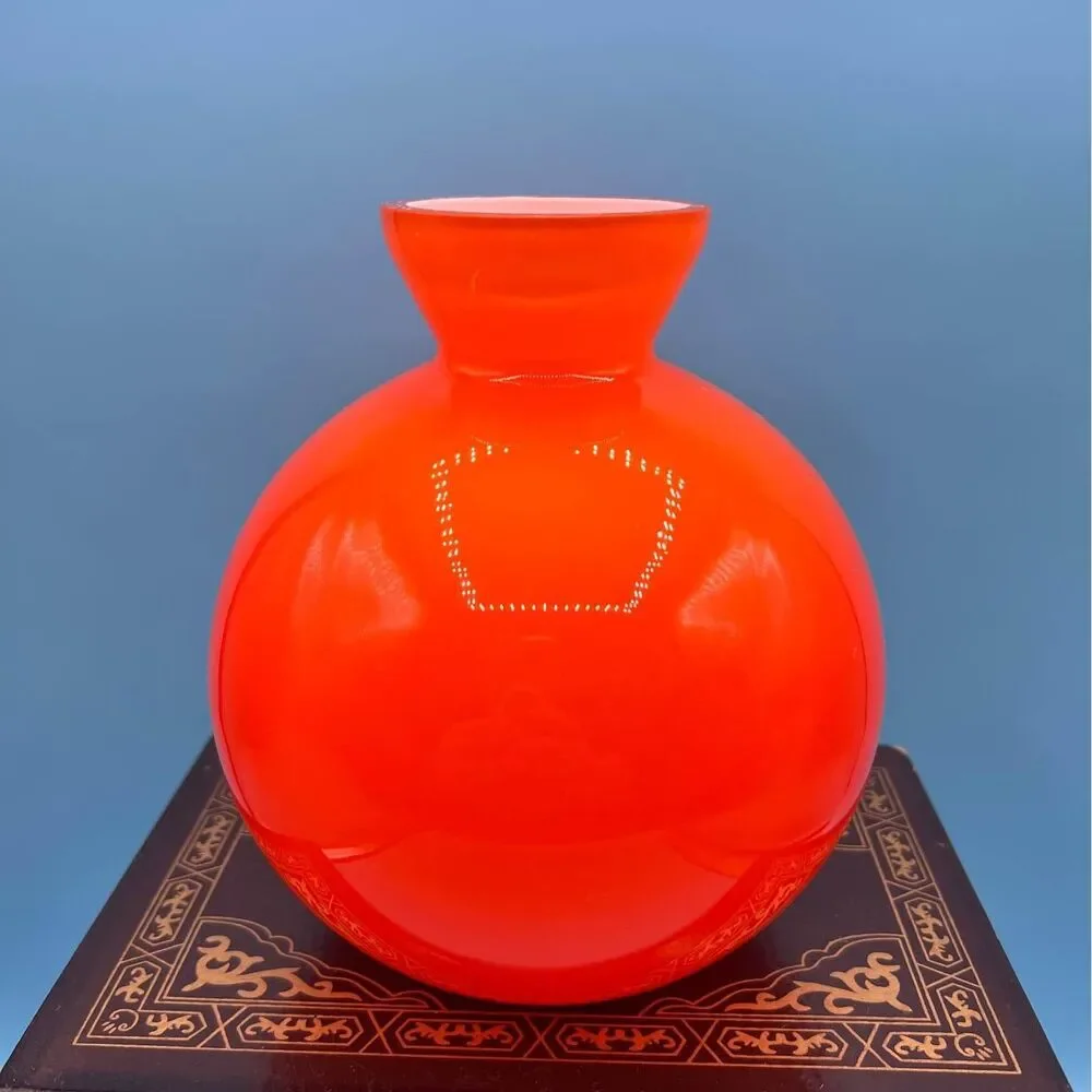 Crate and Barrel Handblown Orange Glass White Candy Vase - Made in Poland